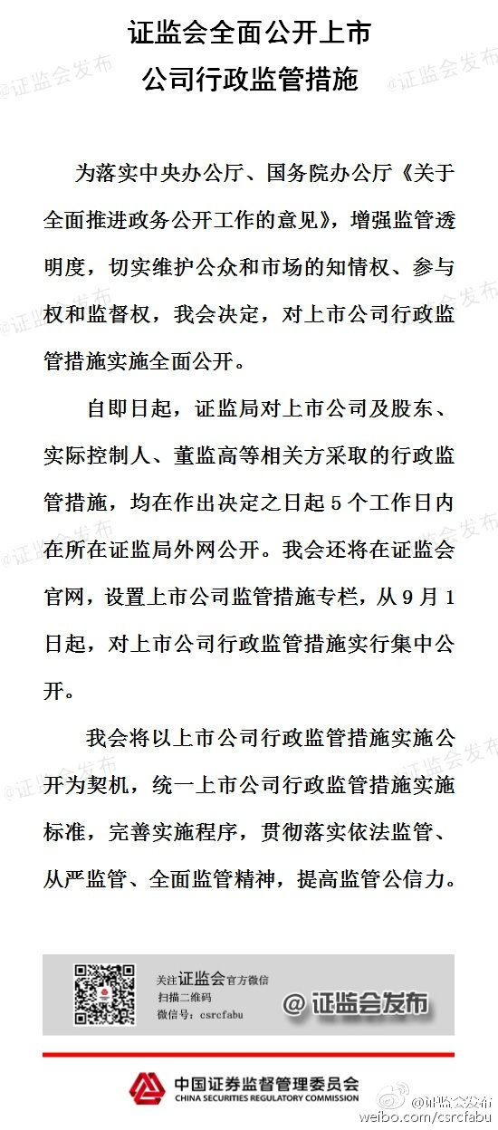 證監(jiān)會(huì)：將全面公開(kāi)上市公司行政監(jiān)管措施