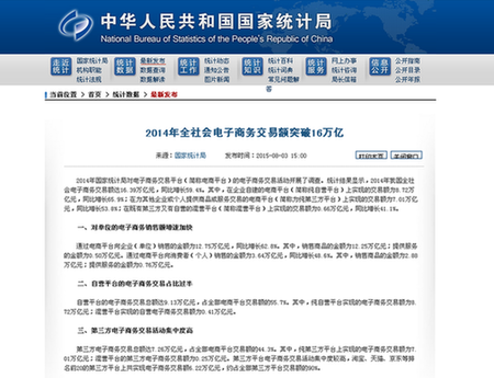 2014年中國全社會電子商務交易額突破16萬億